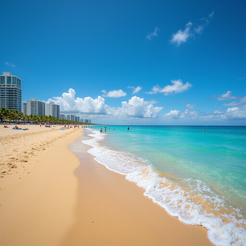 South Beach w Miami z turkusową wodą i złocistym piaskiem, idealne miejsce na relaks i sporty wodne