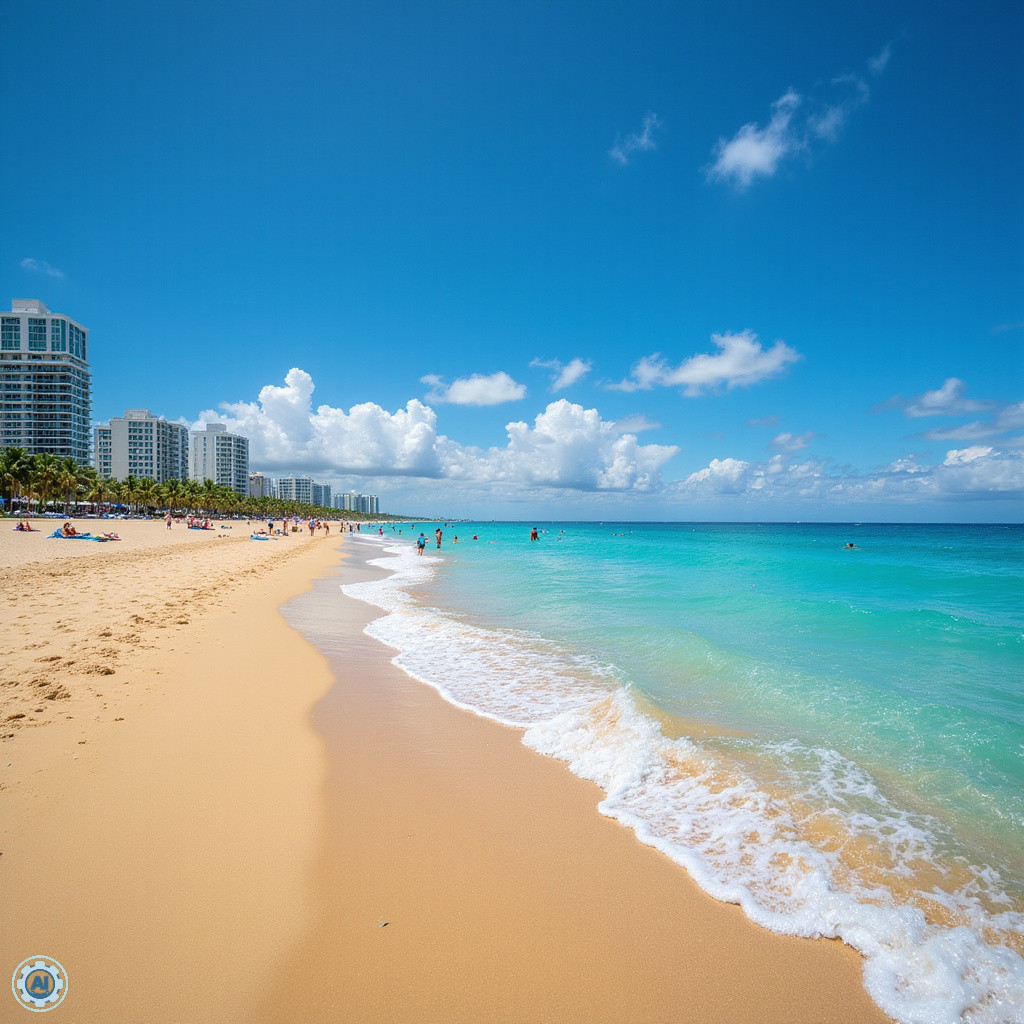 South Beach w Miami z turkusową wodą i złocistym piaskiem, idealne miejsce na relaks i sporty wodne