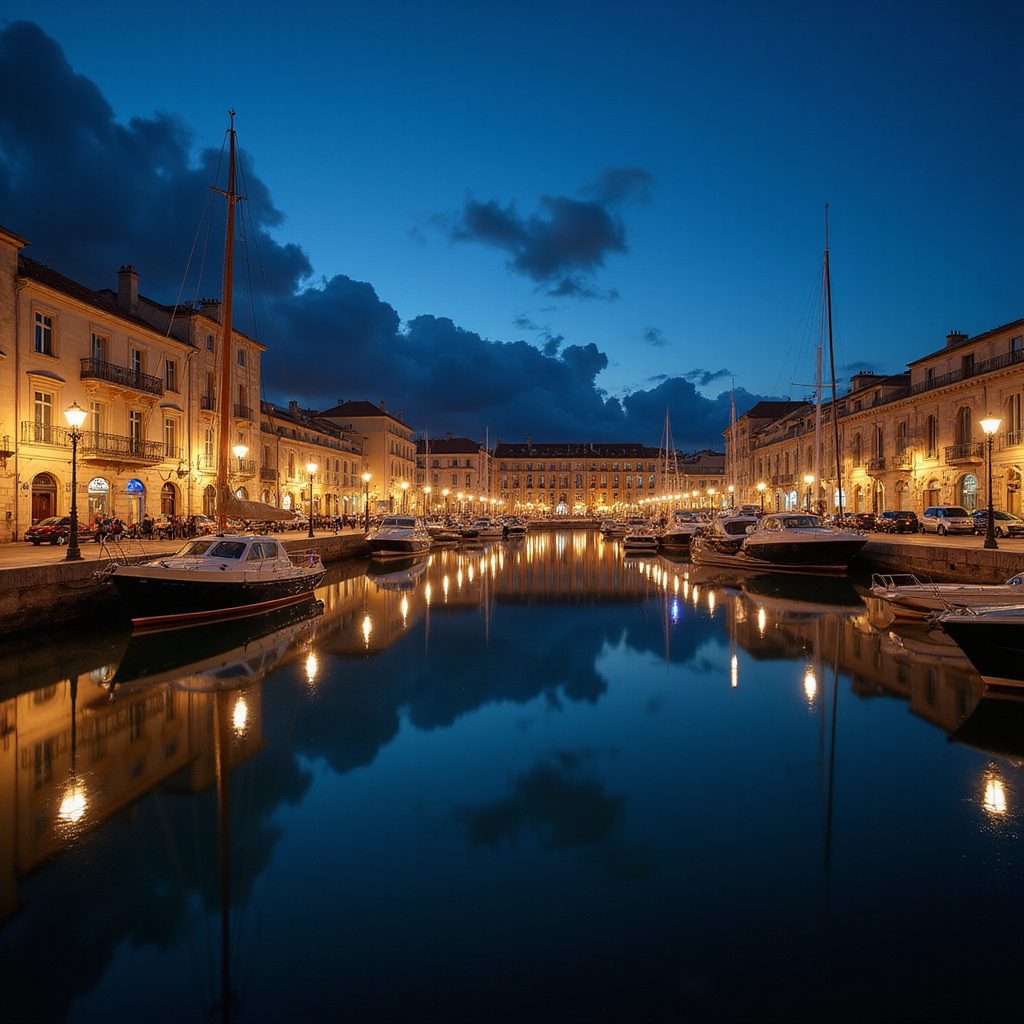 Widok na Vieux-Port w Marsylii nocą z odbiciem świateł w wodzie