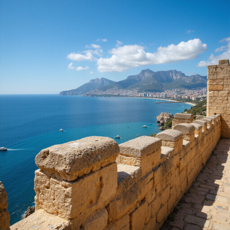 Widok na zatokę Palma z murów zamku Bellver, gotycka twierdza Palma de Mallorca