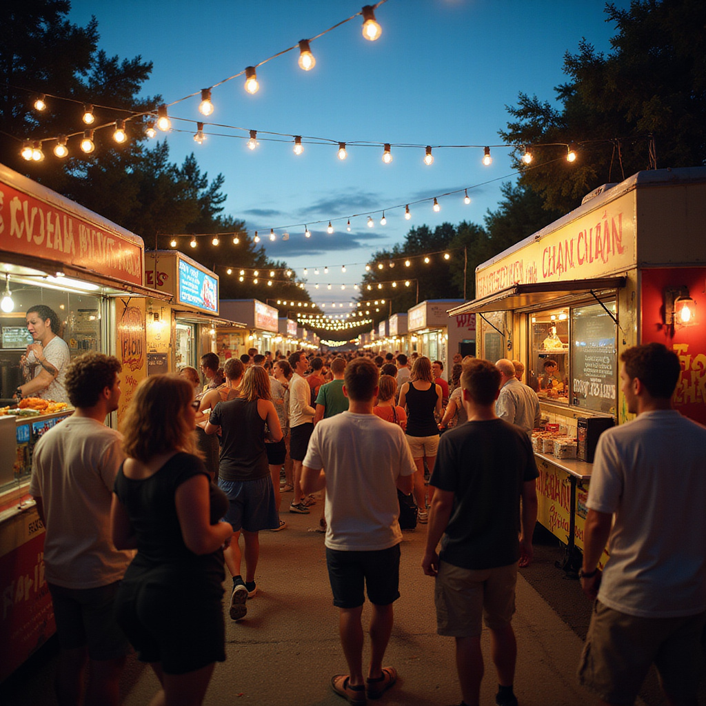 Tłum ludzi jedzących z food trucków podczas wieczornego targu Eat Street Northshore
