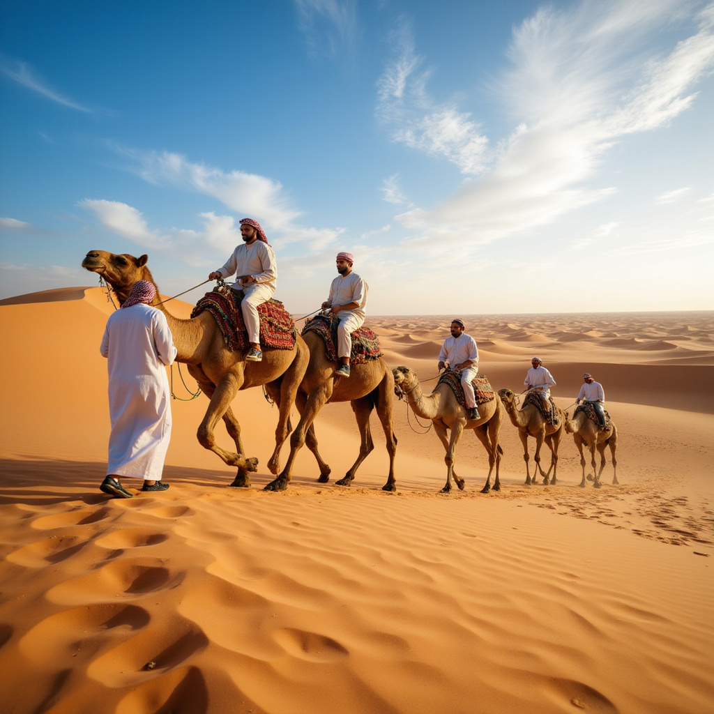Wielbłądy na pustyni podczas safari z Beduinami, złociste wydmy i błękitne niebo