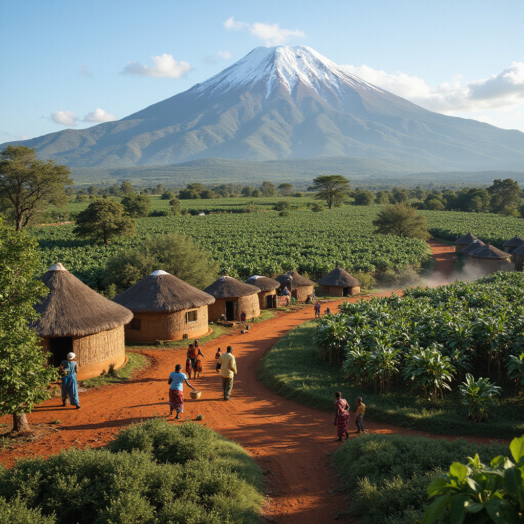 Wioska Kikuyu u podnóża góry Kenia z plantacjami kawy