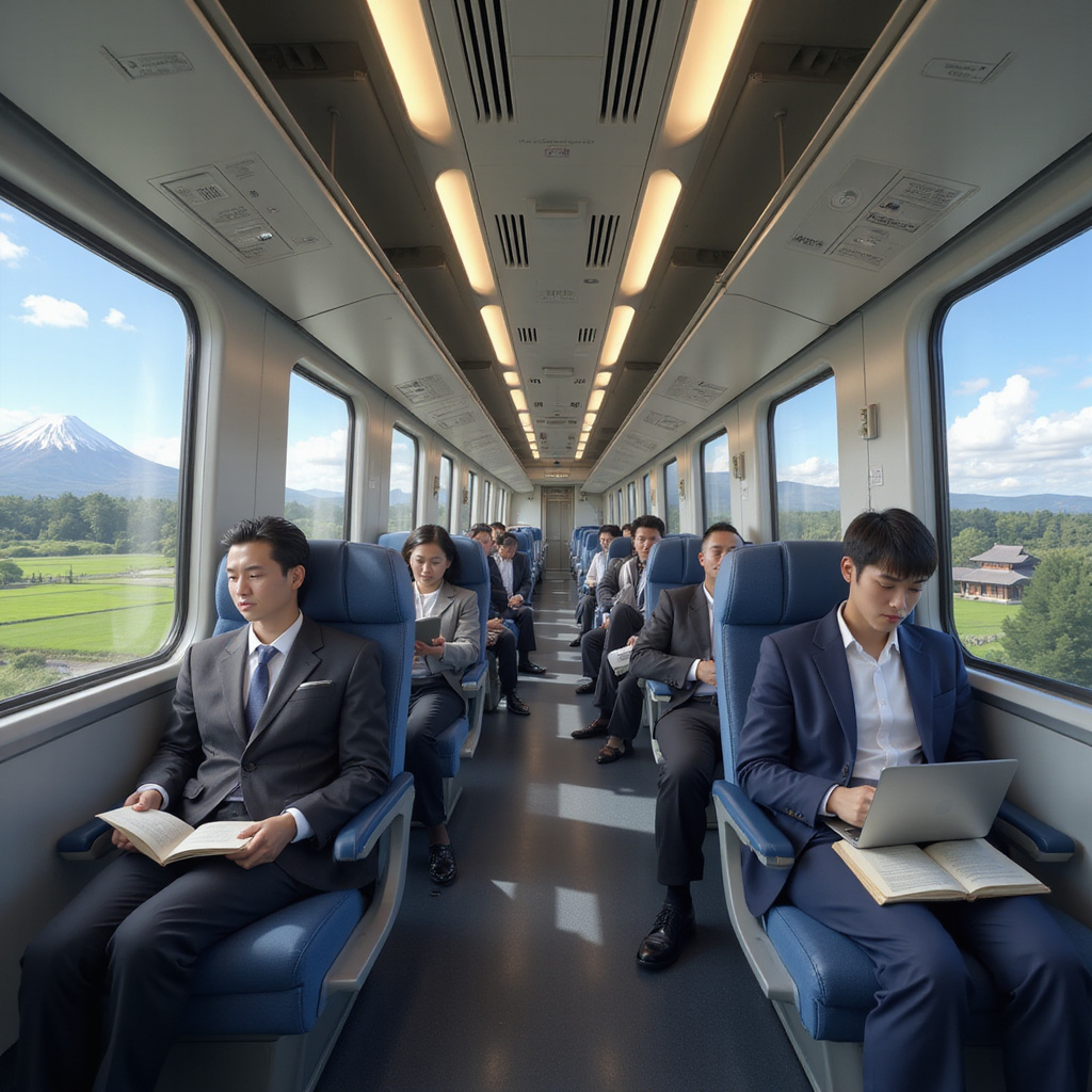 Pasażerowie w wagonie Shinkansena, wygodne podróżowanie