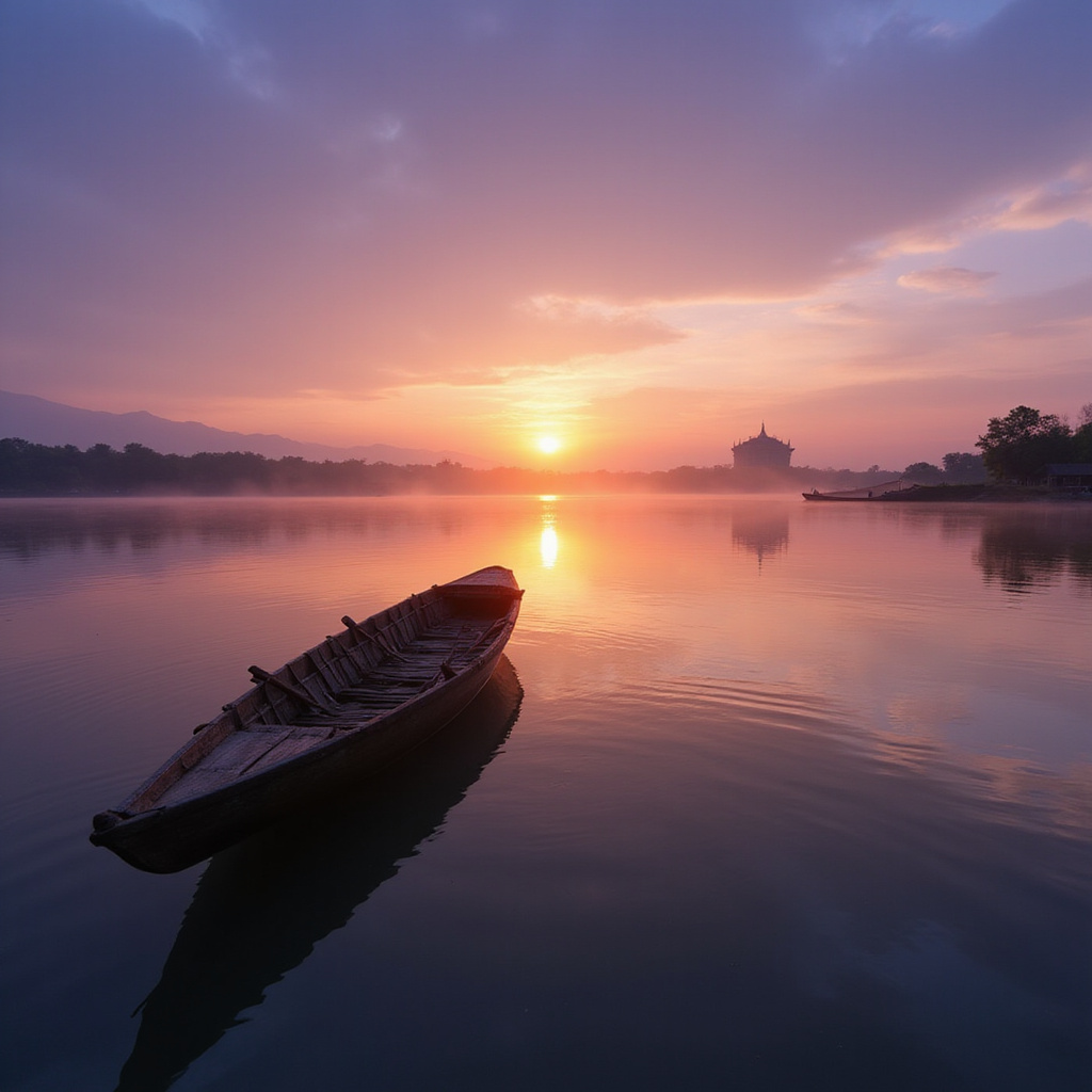 Perfumowa Rzeka w Hue o wschodzie słońca, spokojna woda i łodzie rybackie