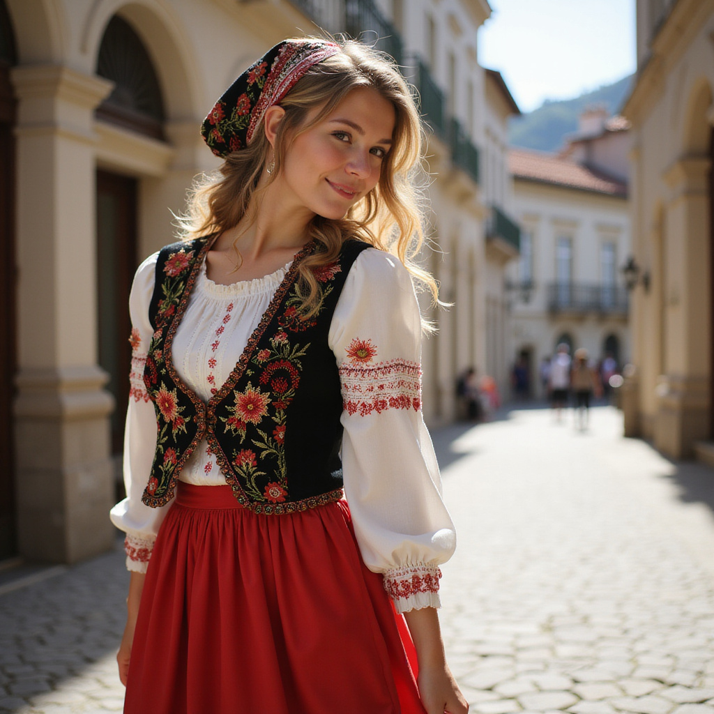Kobieta w chorwackim stroju regionalnym spacerująca ulicą w Zagrzebiu