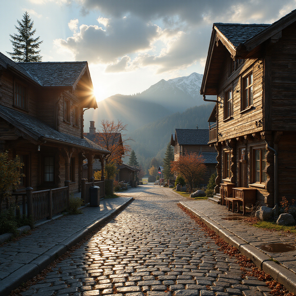Ulica w Zakopanem z drewnianymi domami i górami w tle