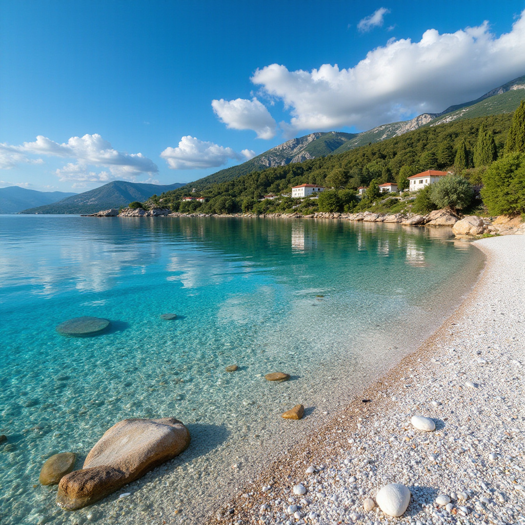 Widok na zatokę Korfu z krystalicznie czystą wodą i zielonymi wzgórzami w tle