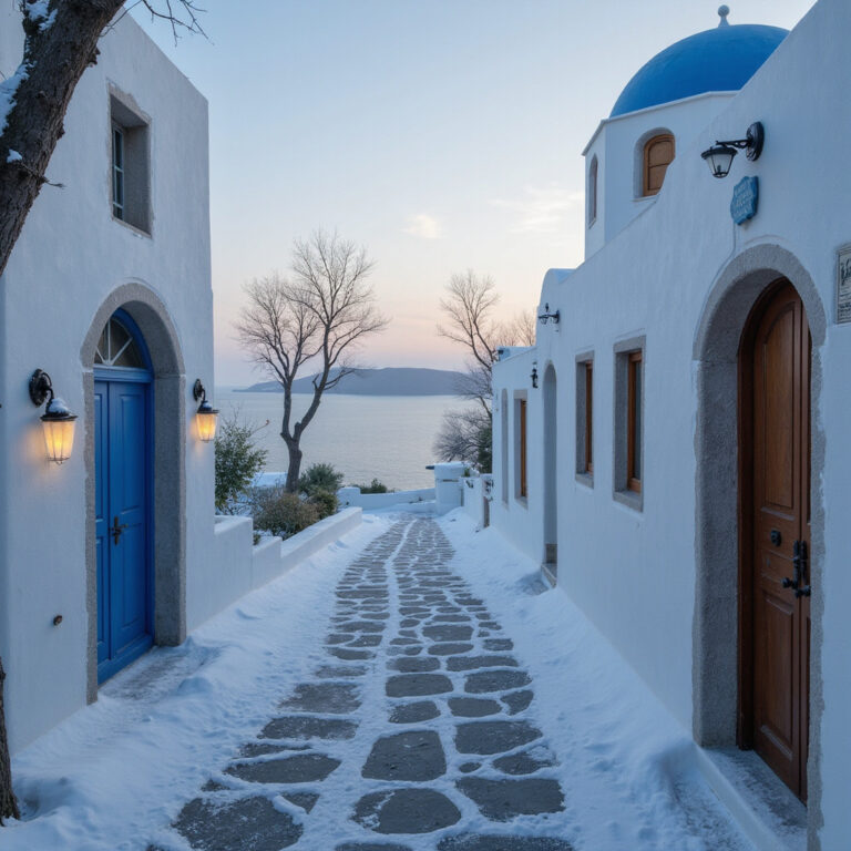 Zimowy spacer wąskimi uliczkami Santorynu z widokiem na morze Egejskie