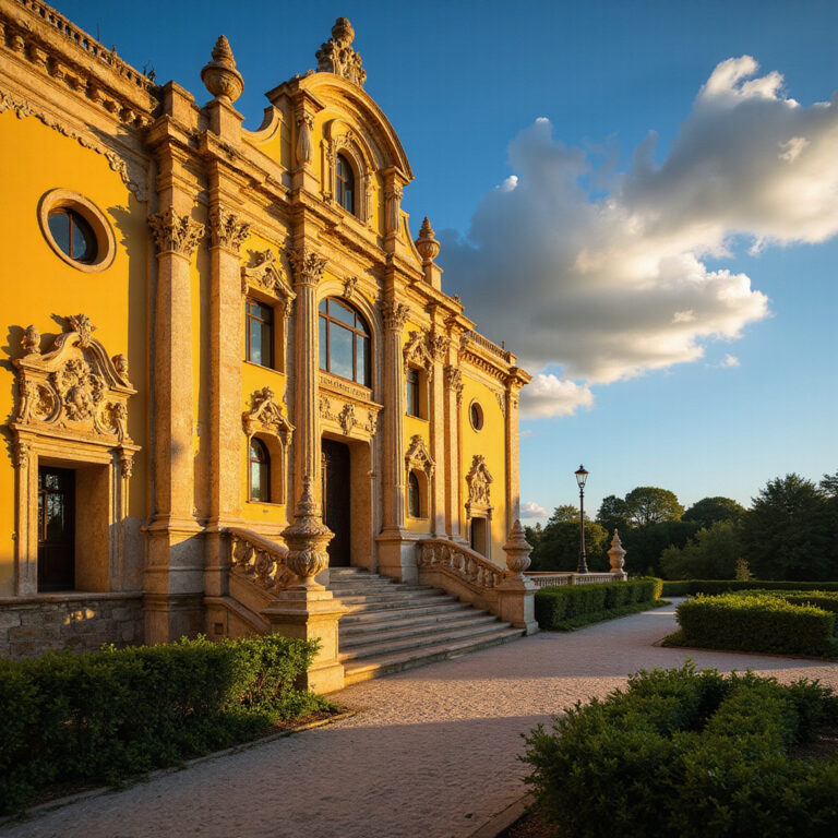 Złocista fasada Pałacu Estoi w promieniach słońca, barokowa perła Algarve