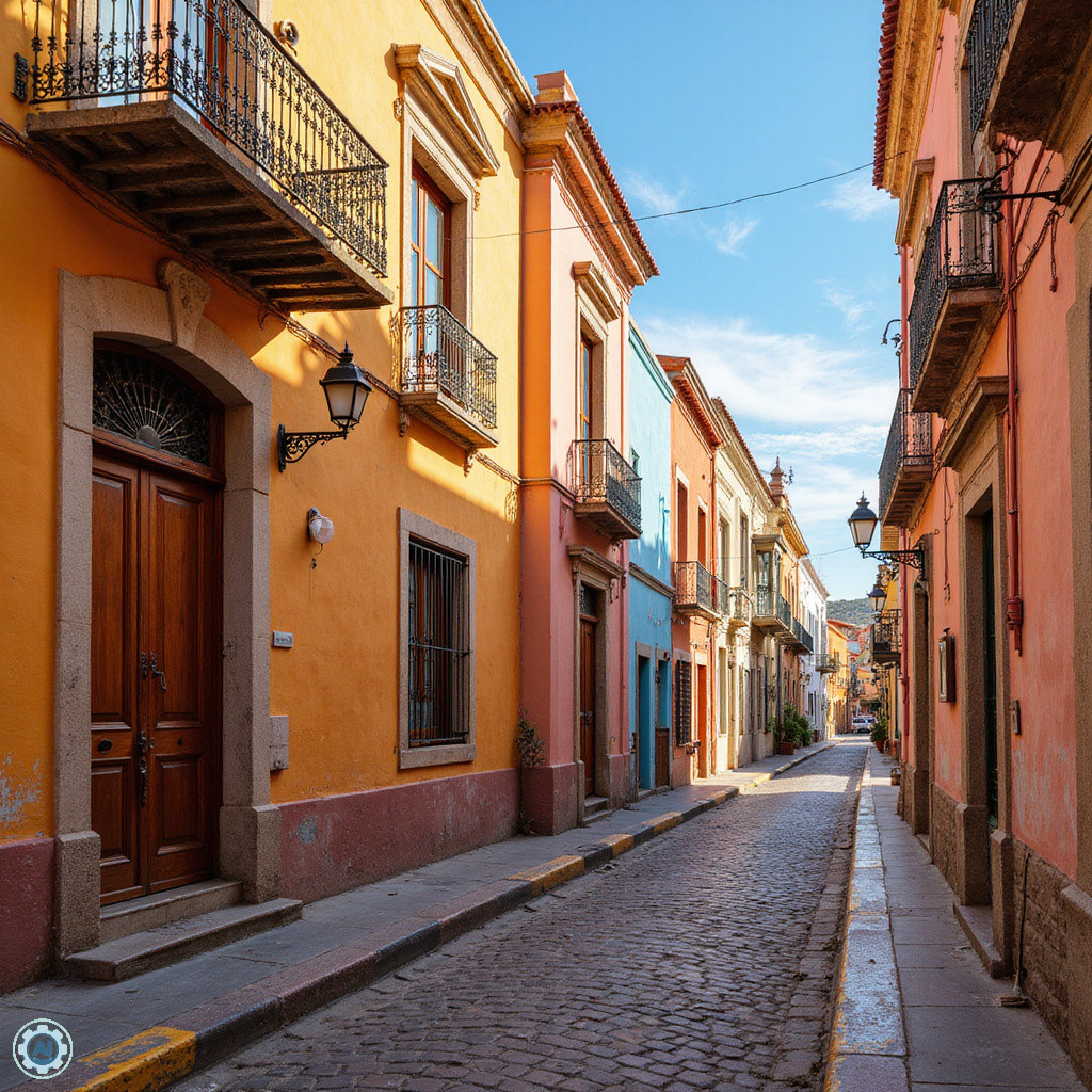 Złote światło San Miguel de Allende oświetlające pastelowe fasady kamienic, idealne ujęcie fotograficzne