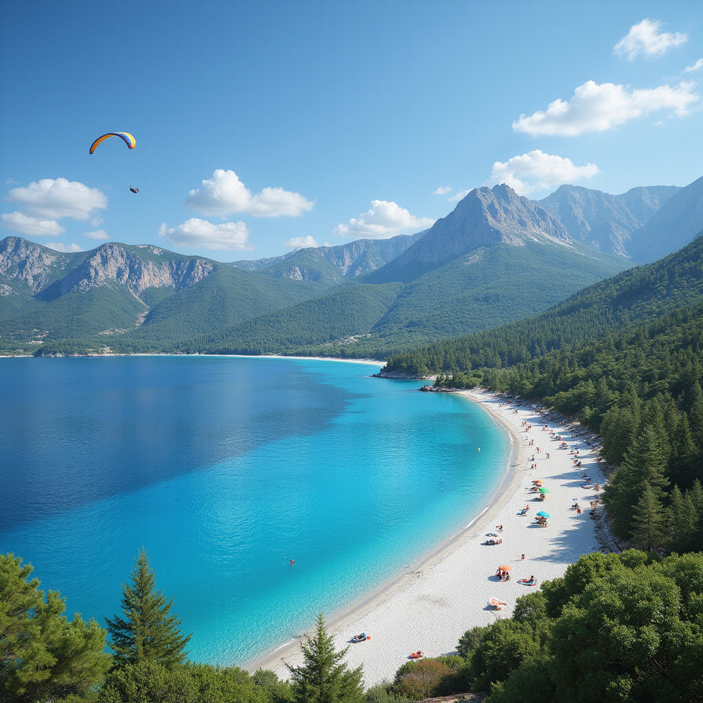 Turkusowa laguna Oludeniz z widokiem na zielone wzgórza i plażę