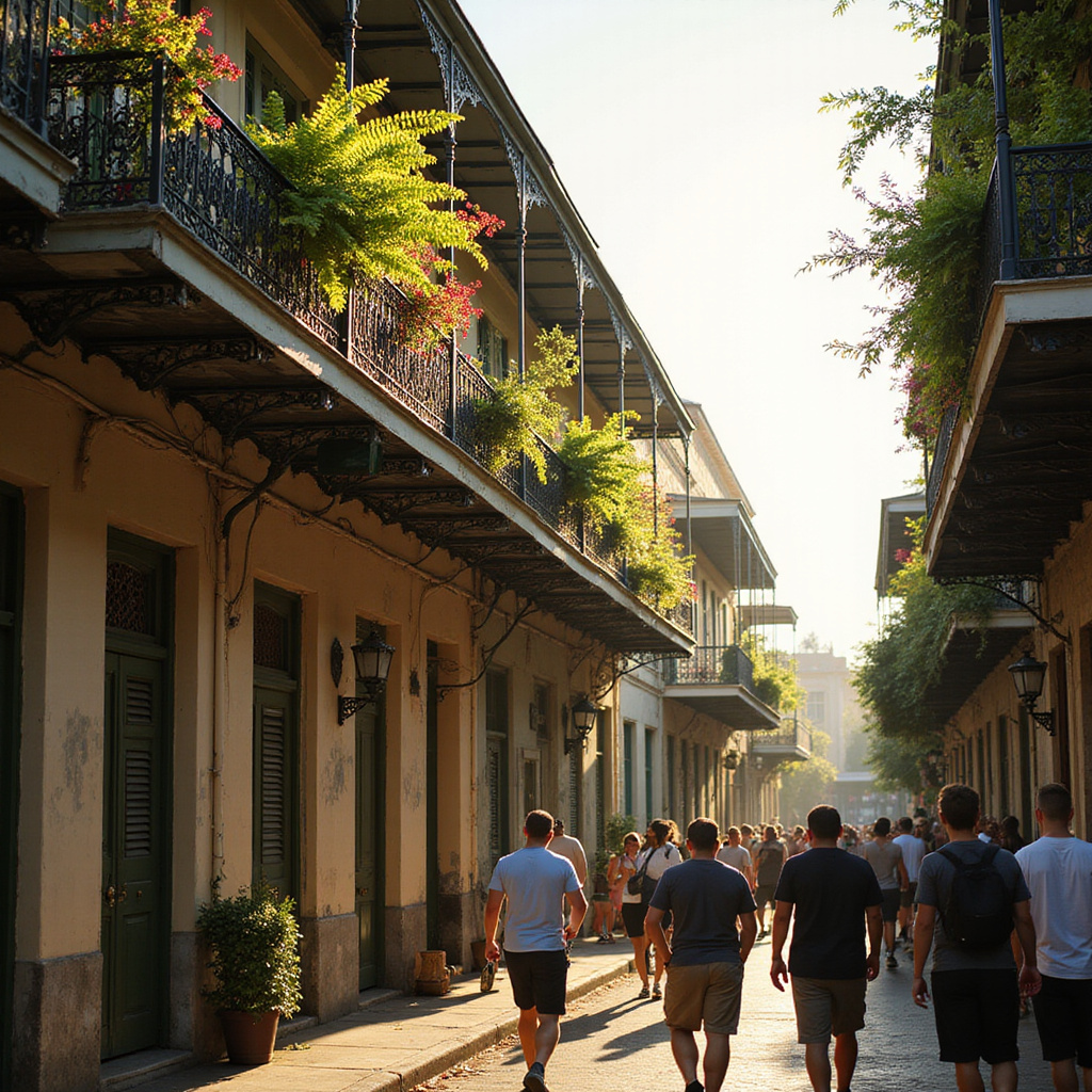 Turyści spacerujący po atrakcjach Nowego Orleanu w dzielnicy French Quarter z balkonami