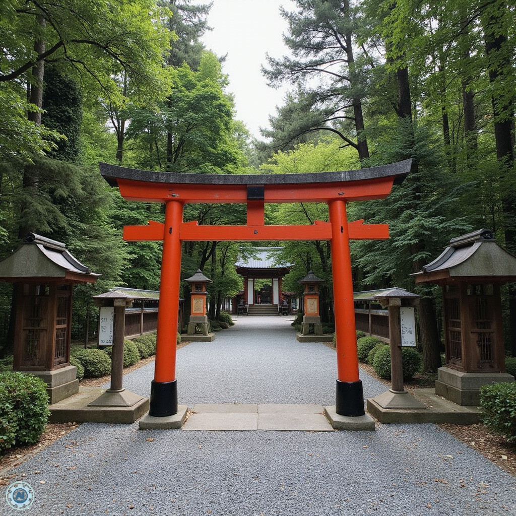 Kushida Shrine – widok na tradycyjną bramę torii wśród drzew