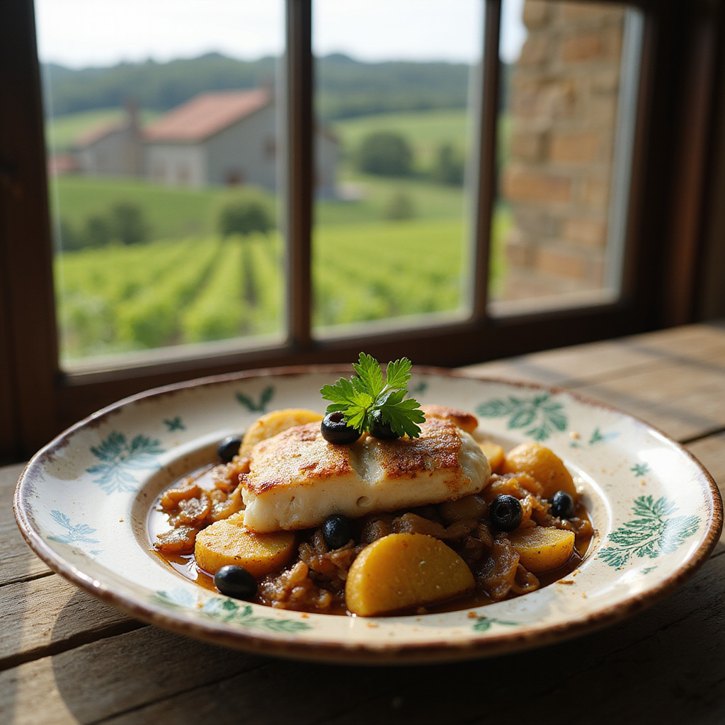 Tradycyjne portugalskie danie bacalhau à Braga na talerzu w otoczeniu Minho