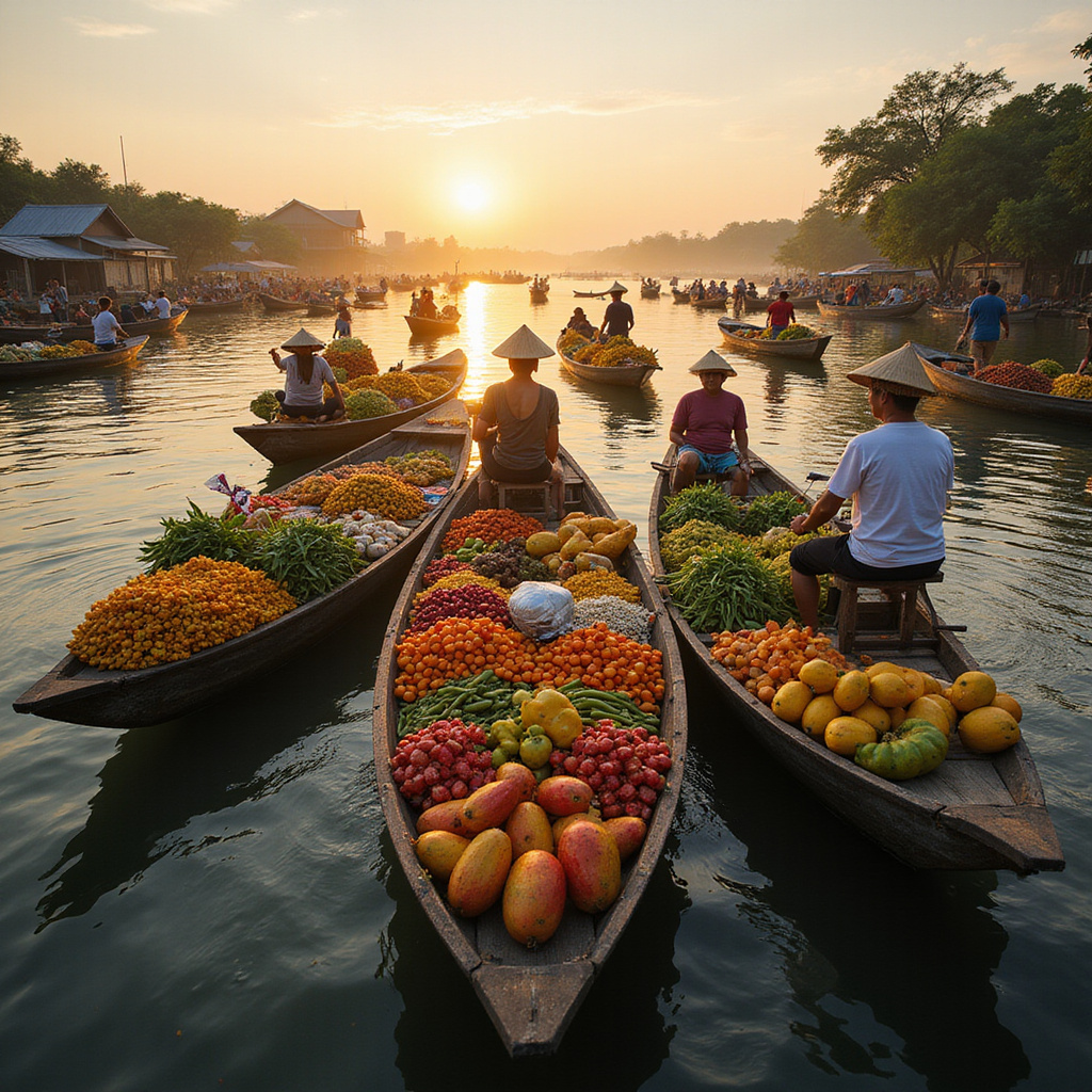 Widok na pływający targ z owocami egzotycznymi i lokalnym jedzeniem w południowym Wietnamie