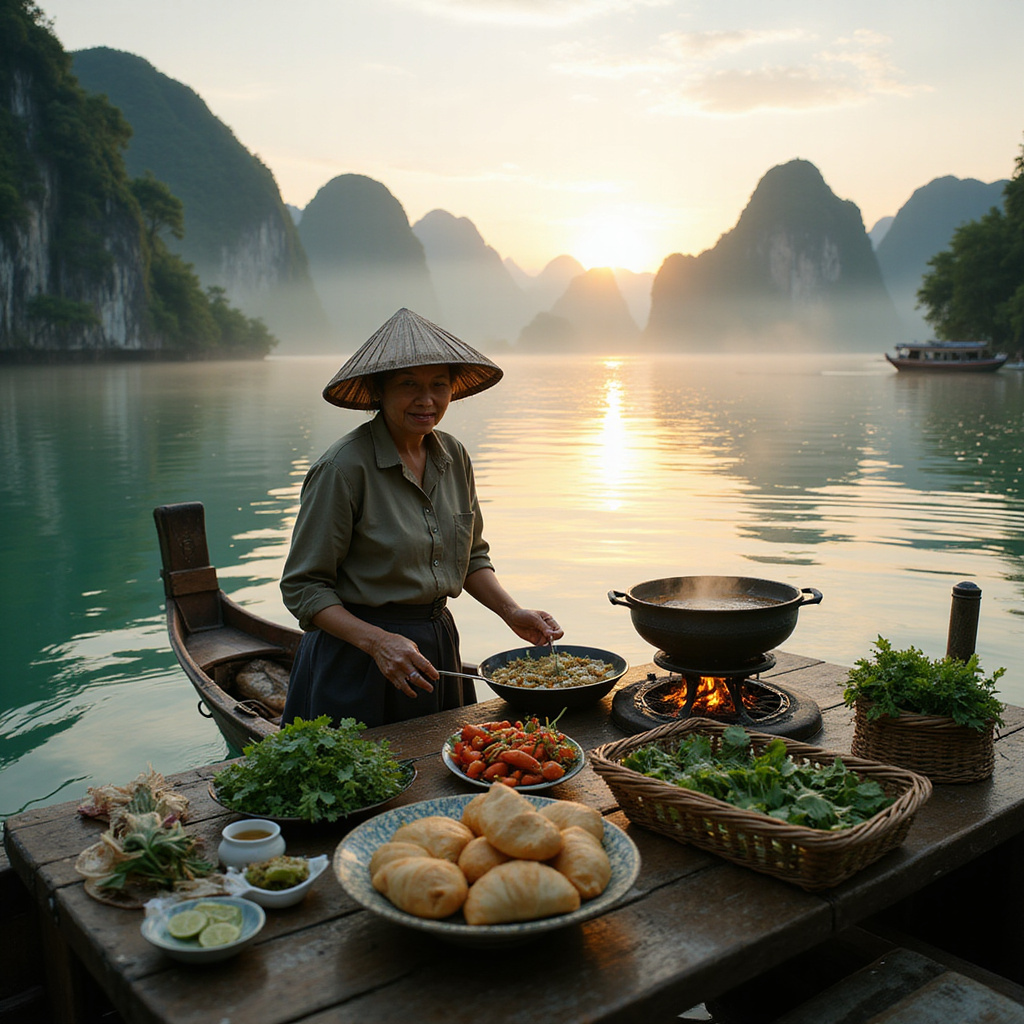 Dzjonka na Zatoce Ha Long serwująca tradycyjne wietnamskie dania