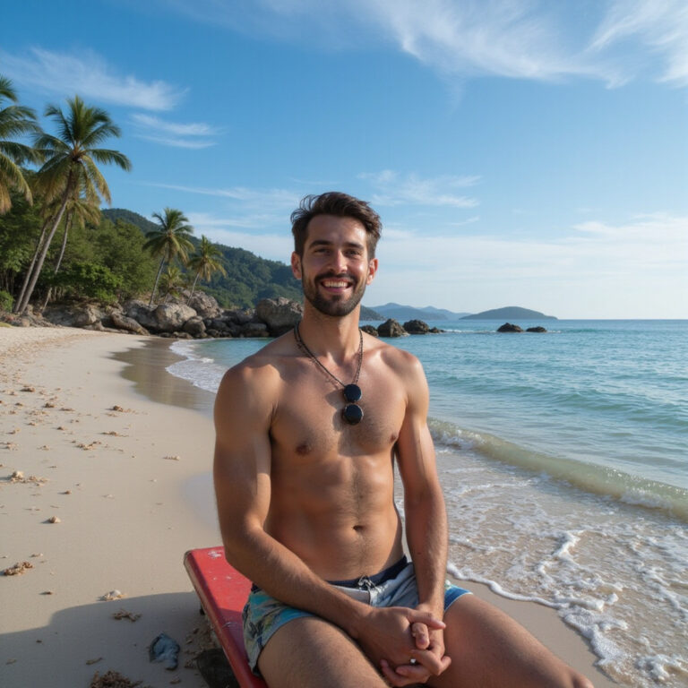 Podróżnik na rowerze wodnym eksplorujący na własną rękę Koh Samui z plażami i palmami