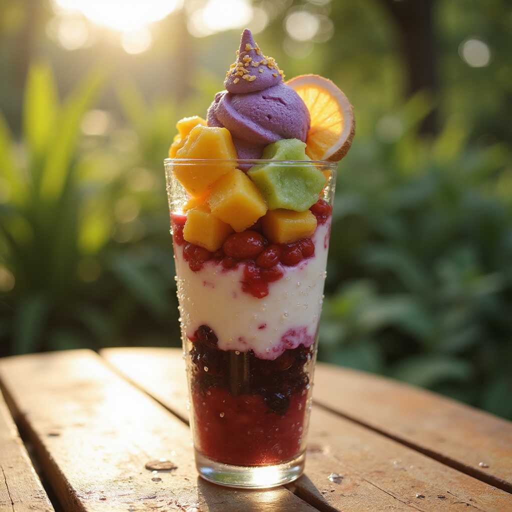 Kolorowe halo-halo w szklance z lodami i owocami
