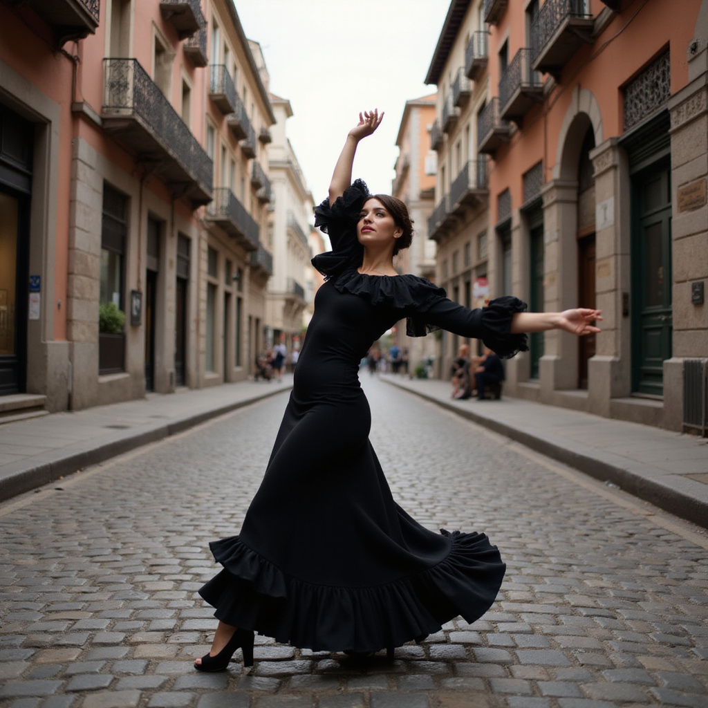 Tancerz flamenco w tradycyjnym stroju na tle madryckiej ulicy