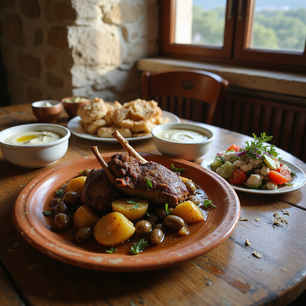 Tradycyjne dania cypryjskie z oliwkami i świeżymi ziołami w lokalnej restauracji