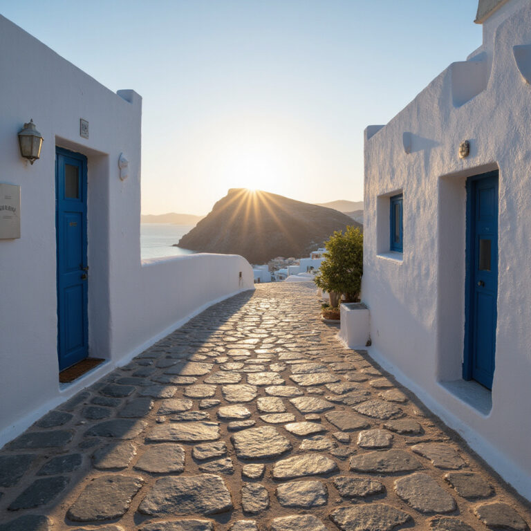 Skaros Rock w Imerovigli widziany z kamiennej ścieżki wśród białych domów