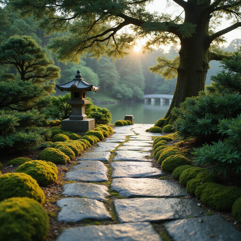 Ogród Shukkei-en w Hiroszimie – kamienna ścieżka wśród zieleni