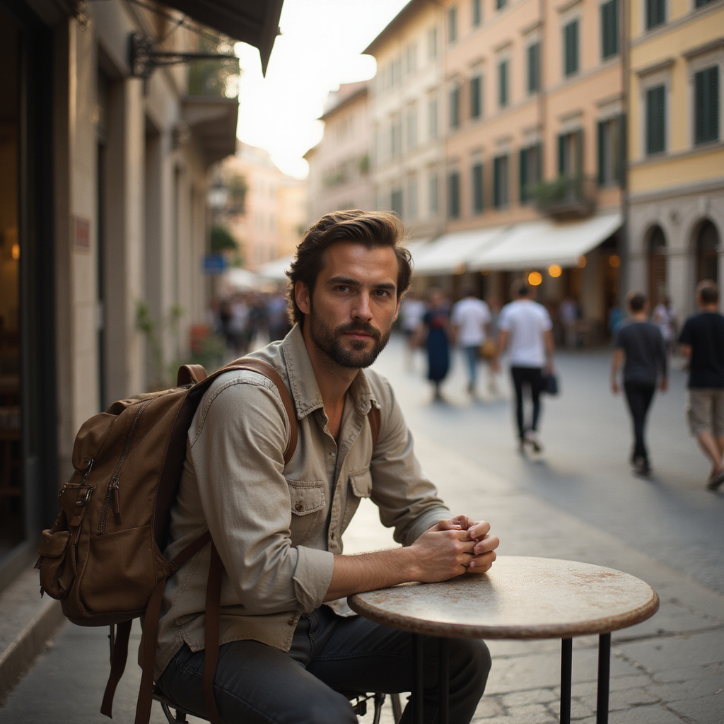 Podróżnik solo z plecakiem w werońskiej kawiarni przy placu