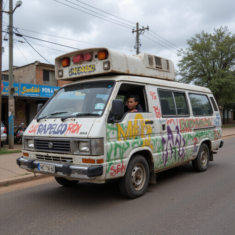 Kolorowy matatu na ulicy w Nairobi z graffiti i tłumem pasażerów