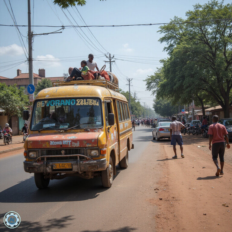 Kolorowy matatu na ulicy w Nairobi, kenijski transport publiczny