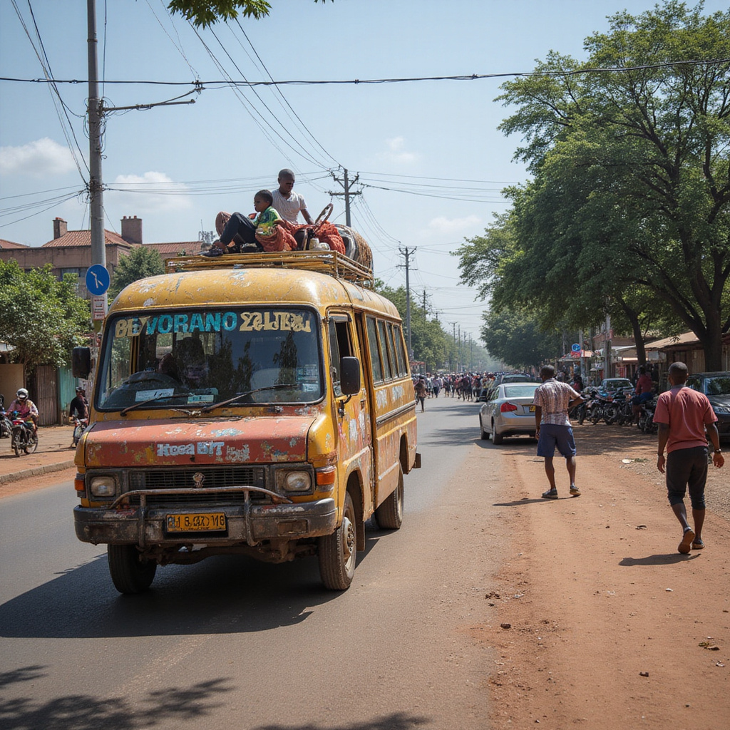 Kolorowy matatu na ulicy w Nairobi, kenijski transport publiczny