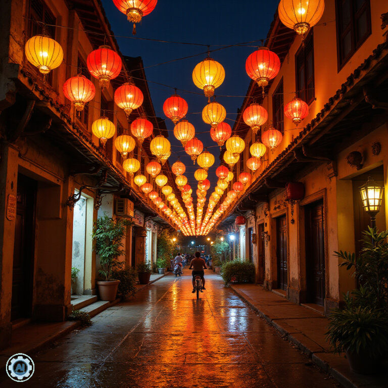 lampiony Hoi An nocą wiszące nad wąską uliczką w dzielnicy An Hoi