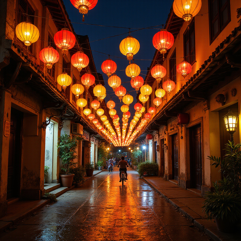 lampiony Hoi An nocą wiszące nad wąską uliczką w dzielnicy An Hoi