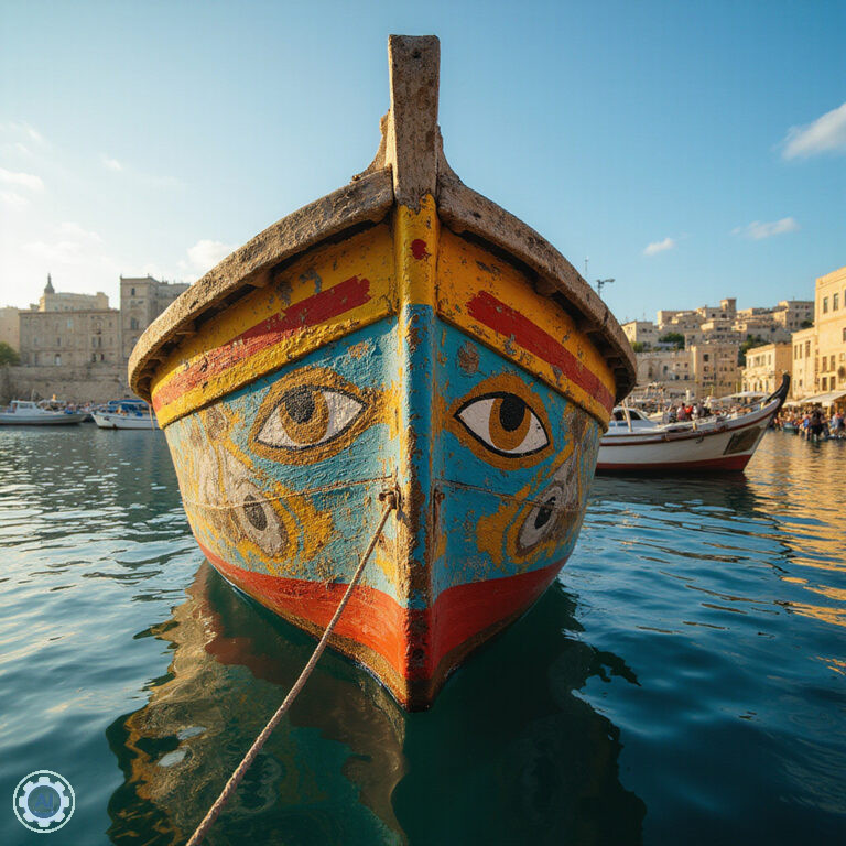 Tradycyjna maltańska łódka luzzu z oczami Ozyrysa na dziobie w porcie Marsaxlokk
