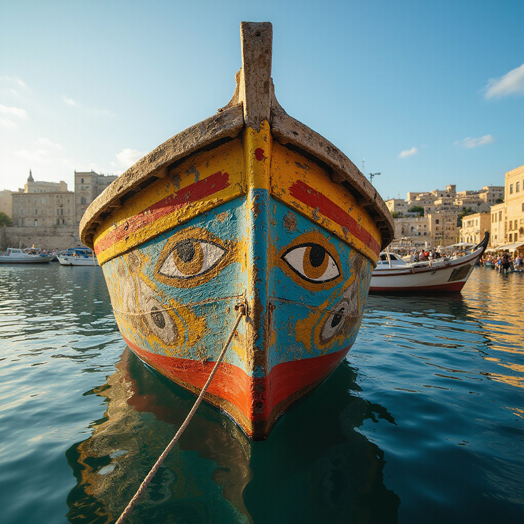 Tradycyjna maltańska łódka luzzu z oczami Ozyrysa na dziobie w porcie Marsaxlokk