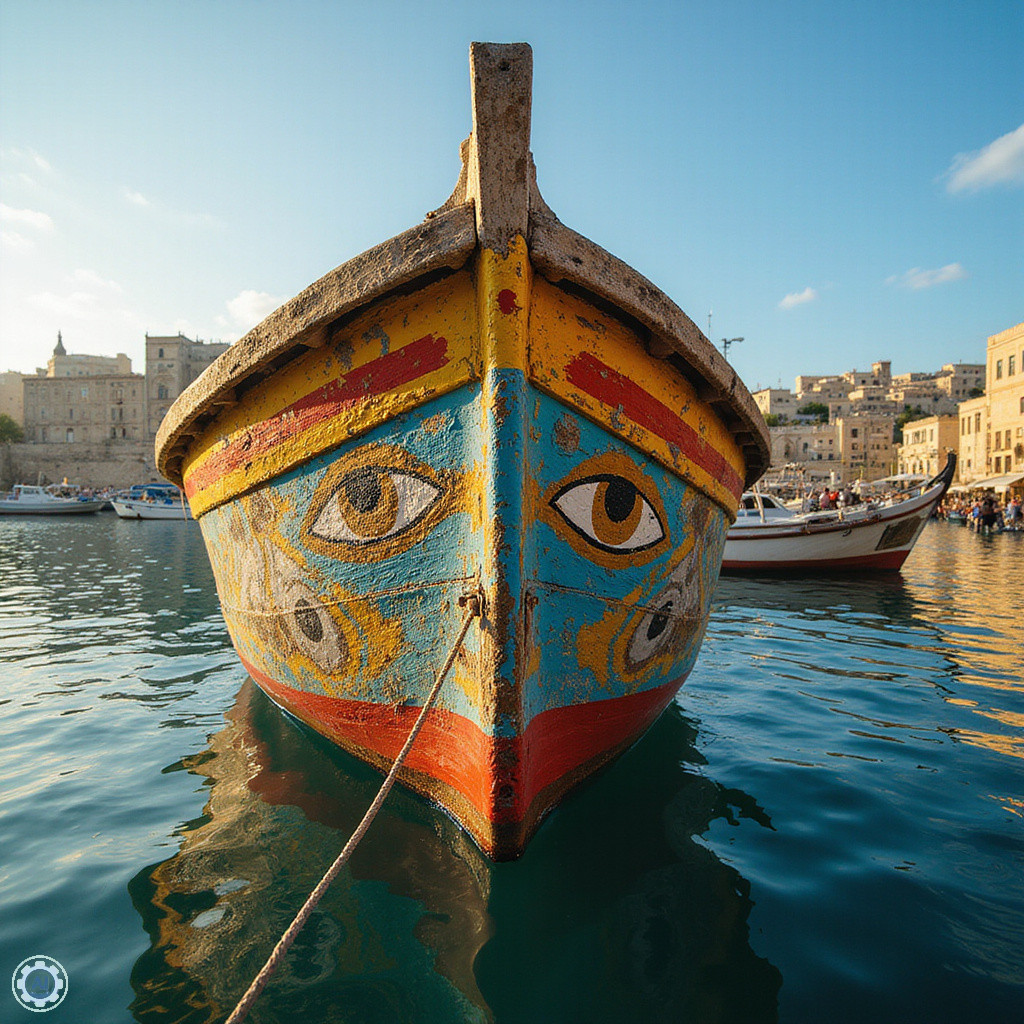 Tradycyjna maltańska łódka luzzu z oczami Ozyrysa na dziobie w porcie Marsaxlokk