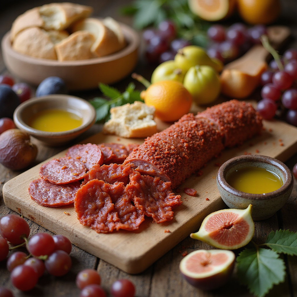Lokalne przysmaki na stoisku Mercat de l'Olivar - sobrasada, oliwa i świeże owoce