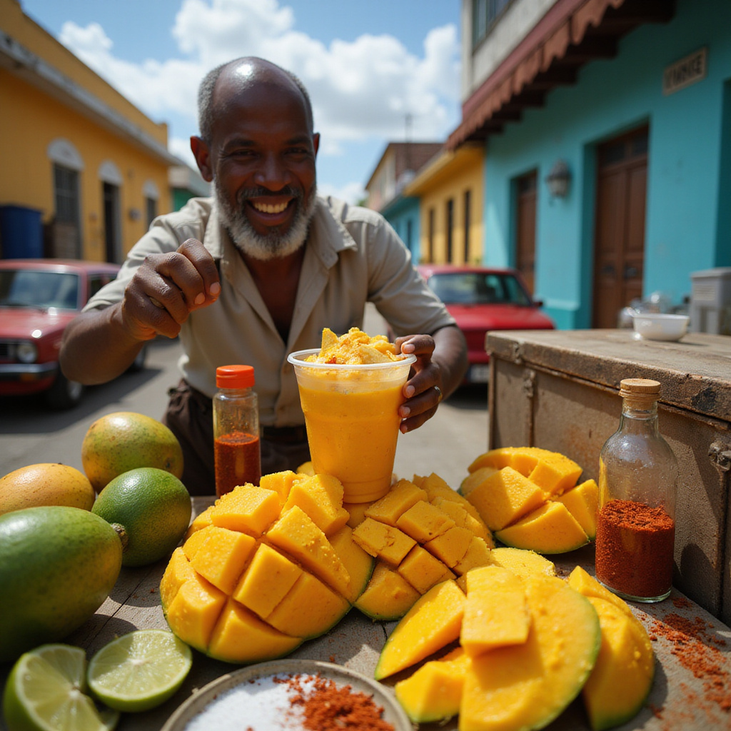 Uliczny sprzedawca serwujący mangu z dodatkami w Santo Domingo