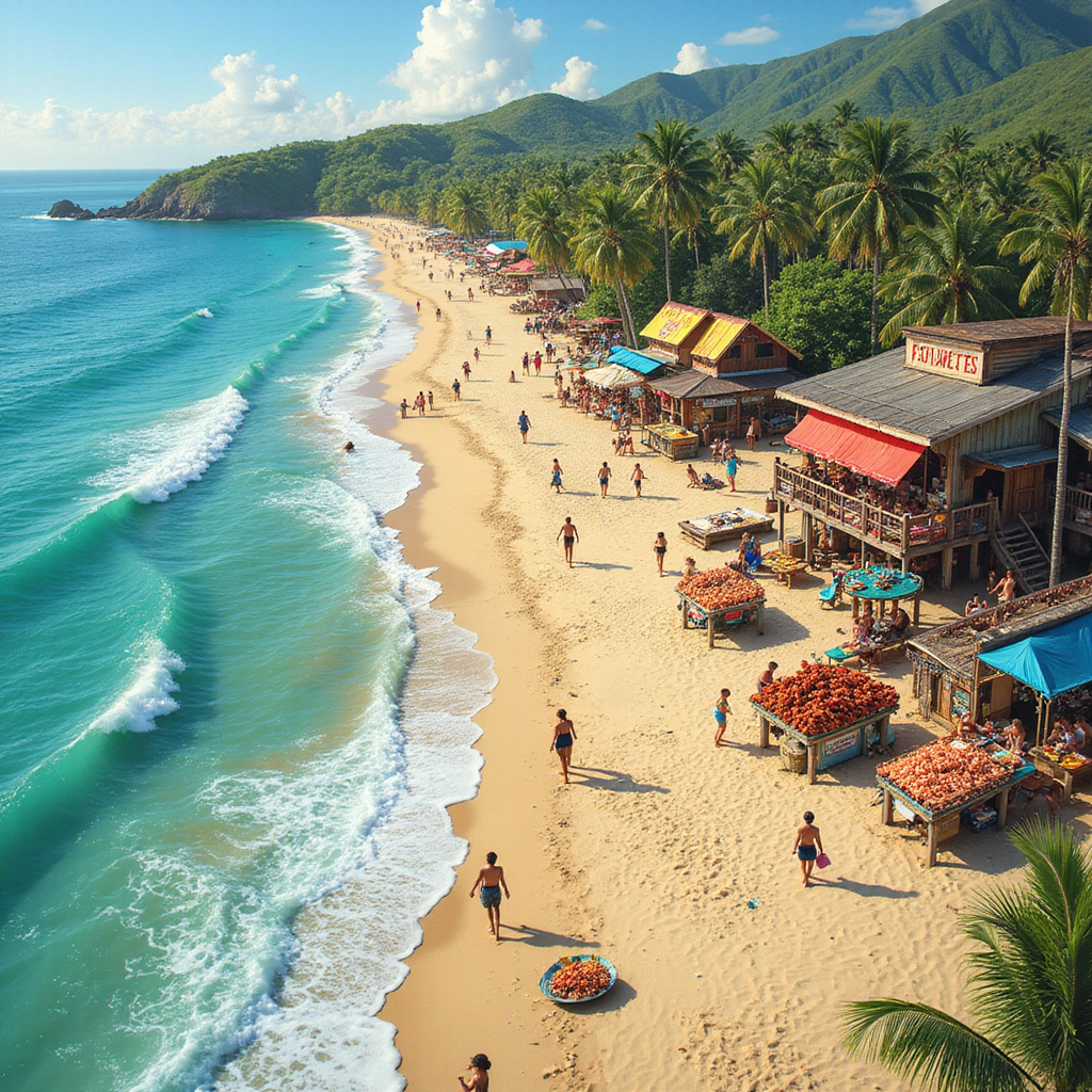 Mapa turystyczna gdzie zjeść w Cabarete z plażą i straganami owoców morza