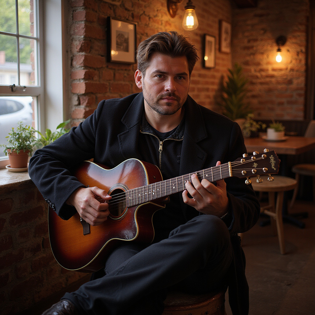 Młody muzyk grający na gitarze w klimatycznej piwnicy w Kazimierzu Dolnym