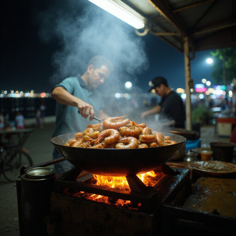 nocne stoisko z dymiącymi krewetkami na plaży Tran Phu, najlepsze jedzenie uliczne wietnamskie