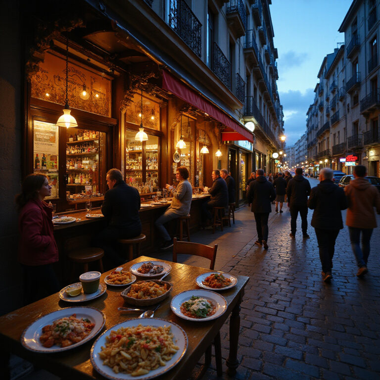 Ulica w Madrycie nocą z tętniącym życiem barem tapas i światłami