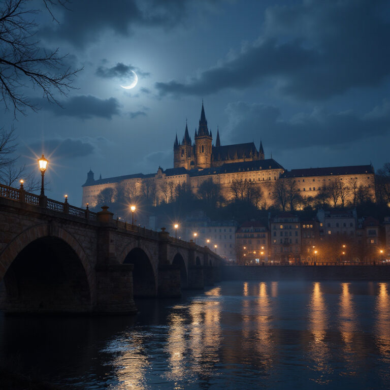 nocny widok na zamek praski Hradczany z tajemniczą atmosferą