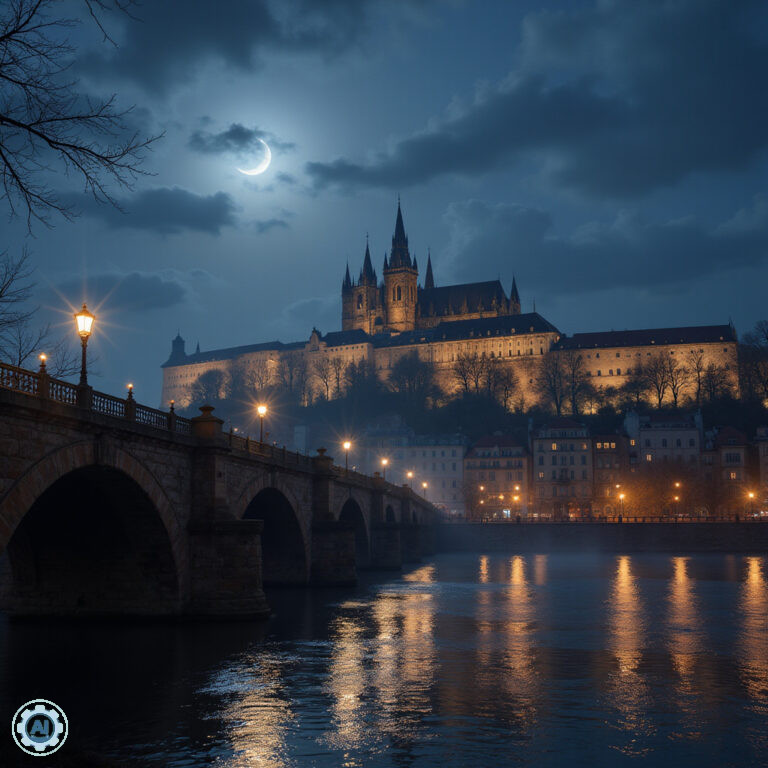 nocny widok na zamek praski Hradczany z tajemniczą atmosferą