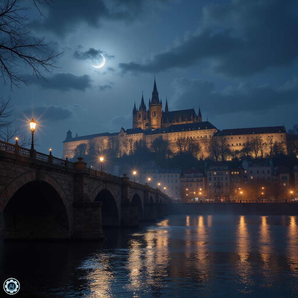 nocny widok na zamek praski Hradczany z tajemniczą atmosferą