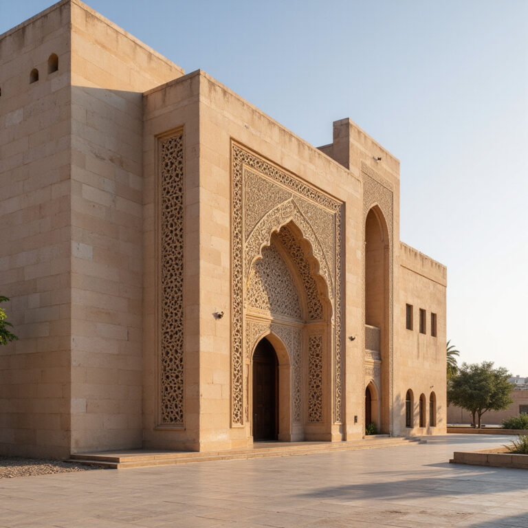 Muzeum Mohammeda VI w Rabacie - nowoczesna fasada budynku z charakterystycznymi detalami architektonicznymi