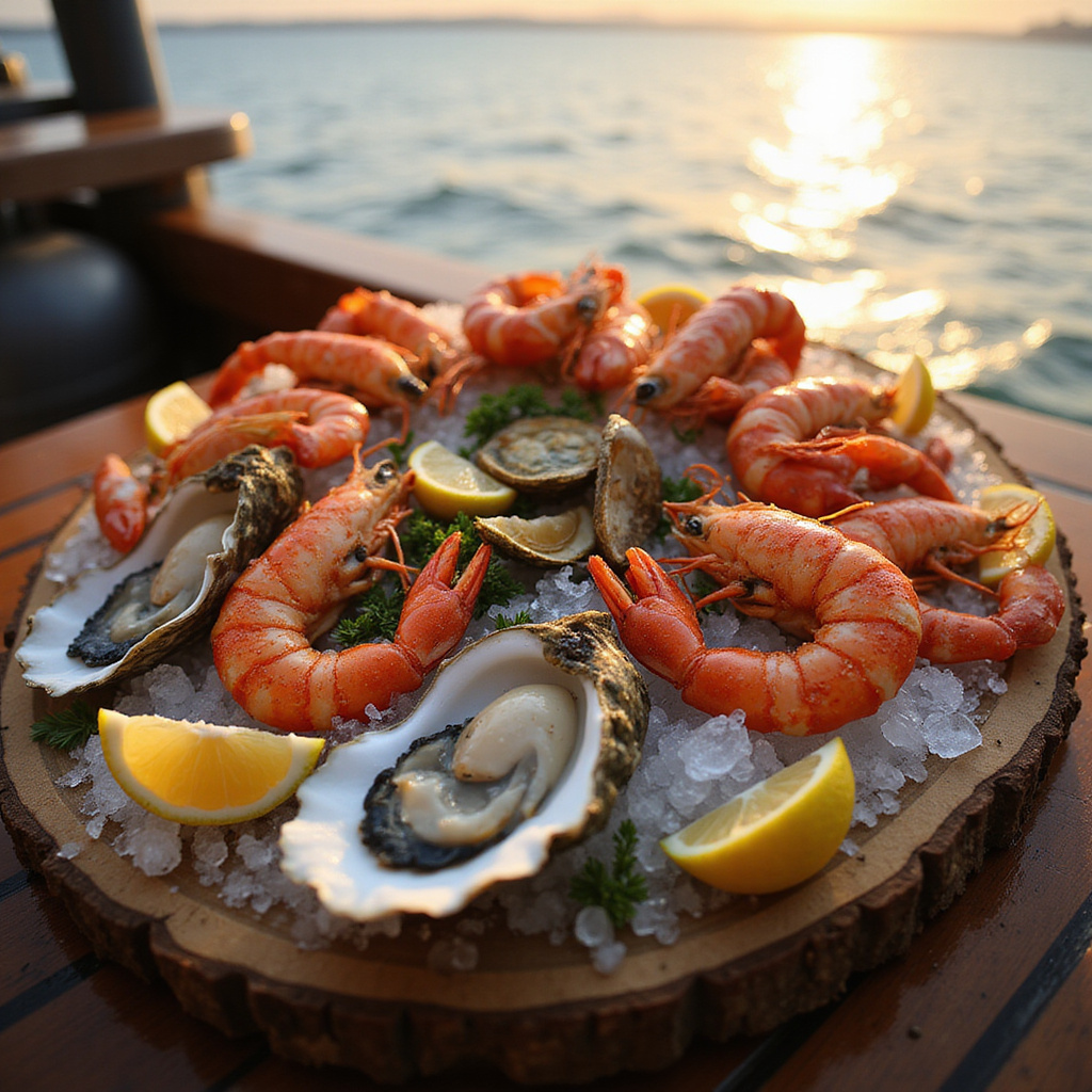 Świeże owoce morza na talerzu podczas rejsu kulinarnego