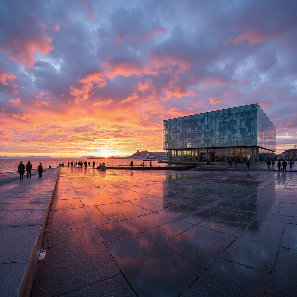 panorama Reykjaviku z widokiem na Harpa Conference Hall, centrum networkingowe