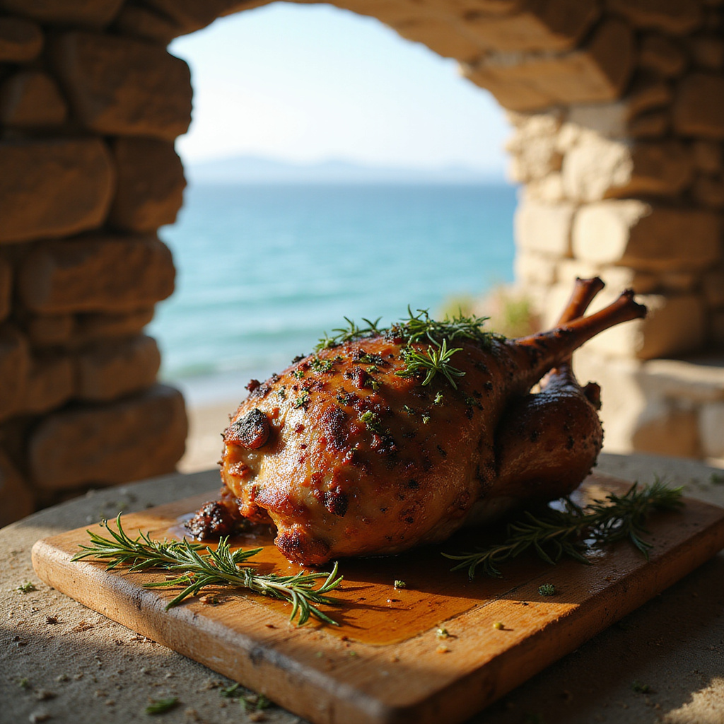 Mięso jagnięce pieczone w ziemnym piecu z widokiem na morze