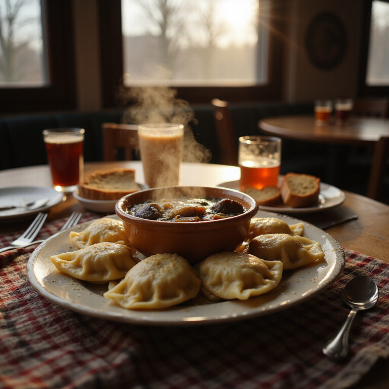 Tradycyjna kuchnia polska z pierogami i bigosem na stole w restauracji